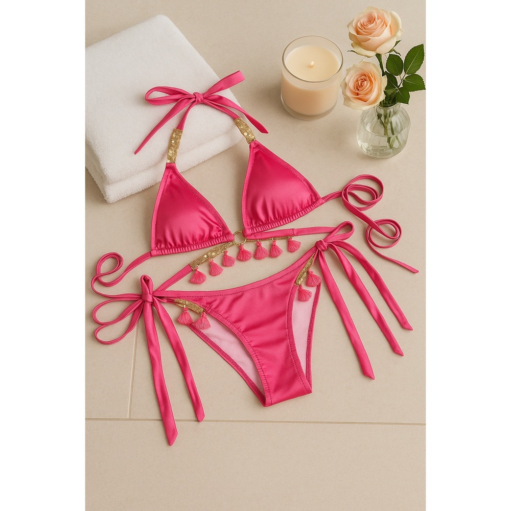 Hot Pink Triangle Bikini Set | Gold Tassel Trim Tie String Swimsuit Cute, Comfy